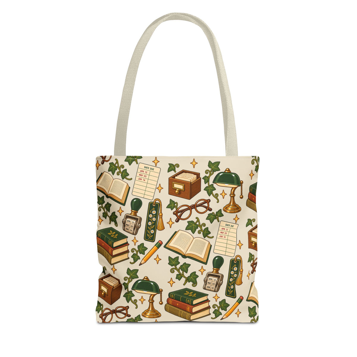 Lifestyle view of student carrying retro library essentials canvas tote on campus.
