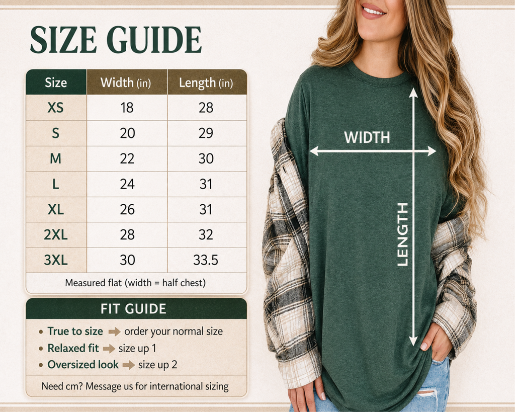 Size guide and fit guide graphic for a women's long-sleeve top, showing a model wearing a dark green shirt with measurement arrows labeled width and length, plus a size table from XS to 3XL and a fit bullet list on a beige background.