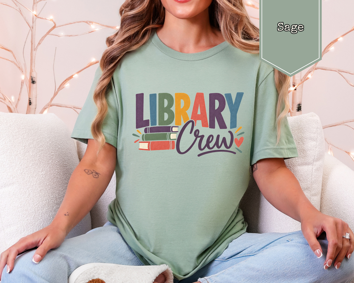 Unisex Library Crew book lover graphic t-shirt with colorful vintage stacked books print