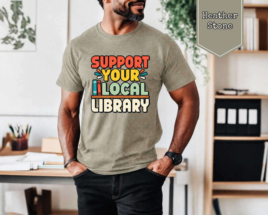 Model wearing Vintage Black Support Your Local Library advocacy graphic t-shirt.