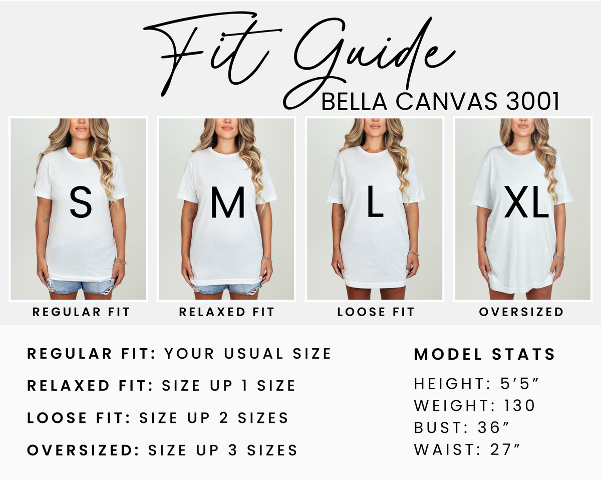 Model fit comparison guide for Bella+Canvas 3001 unisex archivist tees.