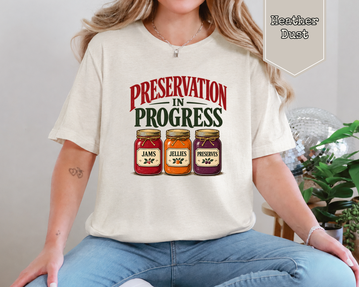 Preservation in Progress graphic t-shirt featuring vintage preserves jars labeled for Archives Department.