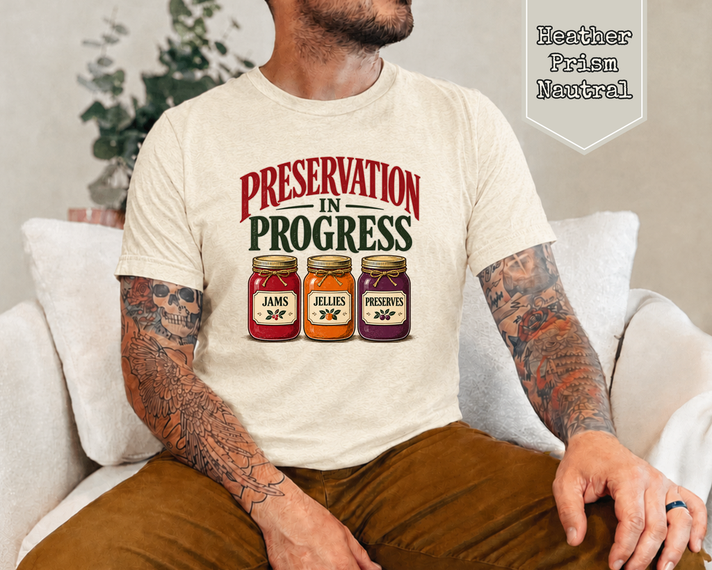 Model wearing Heather Storm Preservation in Progress archivist t-shirt.