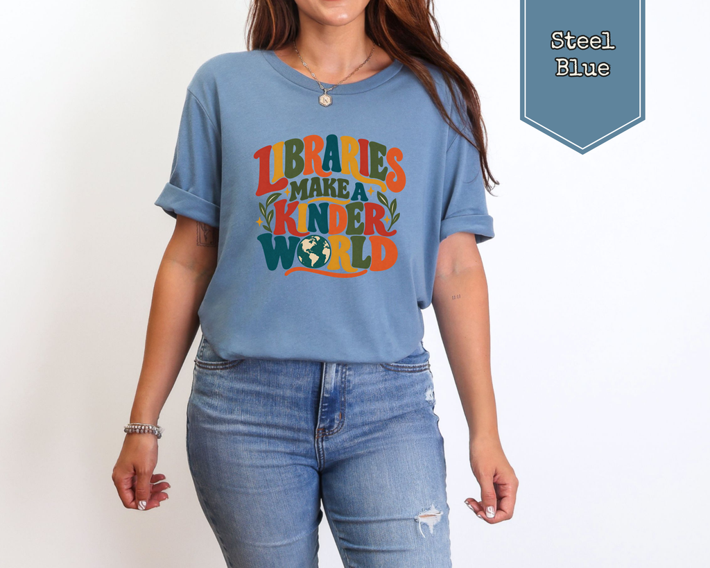 Model wearing Mauve Libraries Make a Kinder World retro librarian shirt.