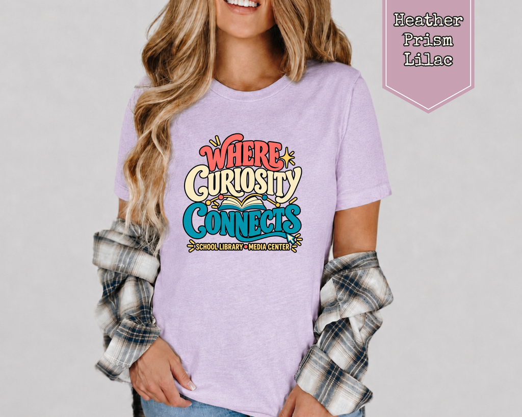 Model wearing Heather Olive Where Curiosity Connects retro librarian shirt.