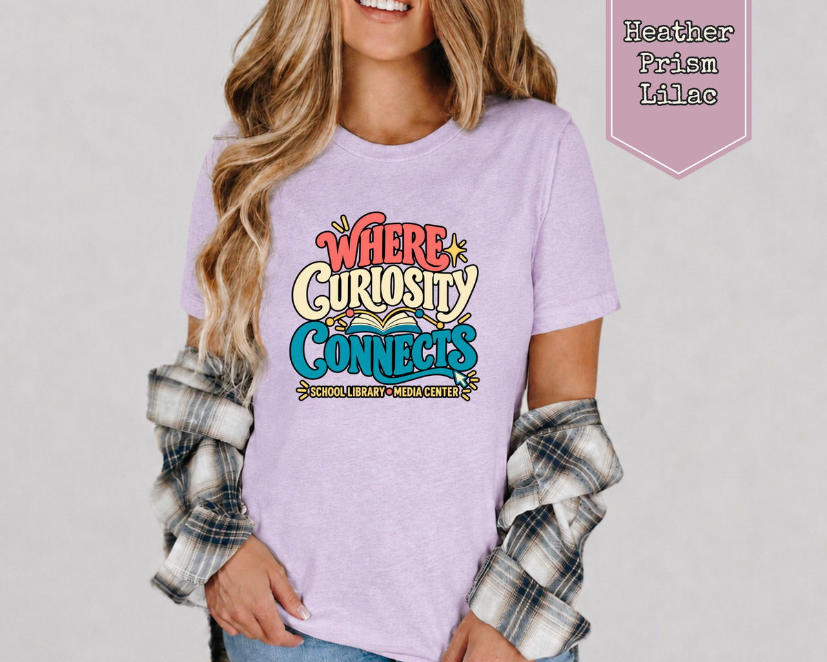 Model wearing Heather Olive Where Curiosity Connects retro librarian shirt.