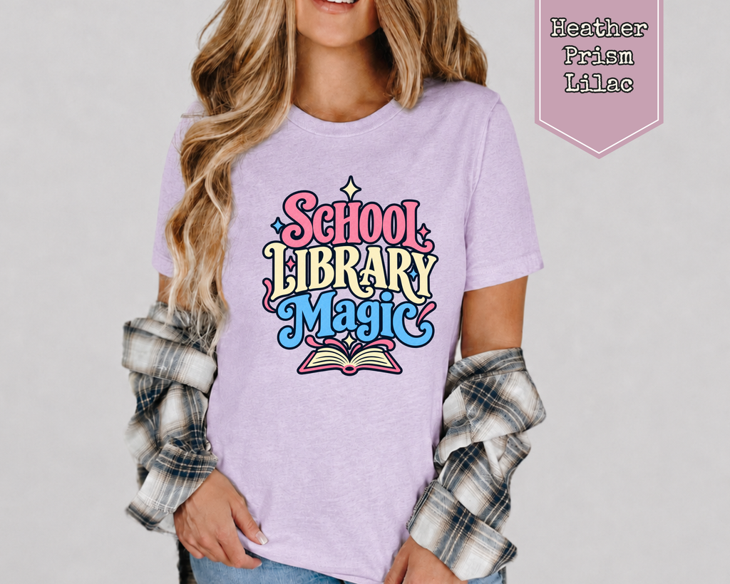 Woman wearing Heather Olive School Library Magic librarian shirt.