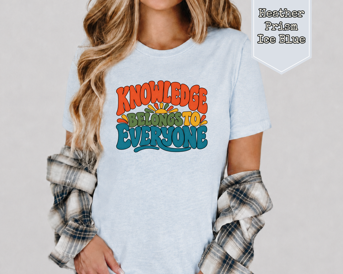Woman wearing Heather Brown Knowledge Belongs to Everyone library advocate t-shirt in a cozy book nook.