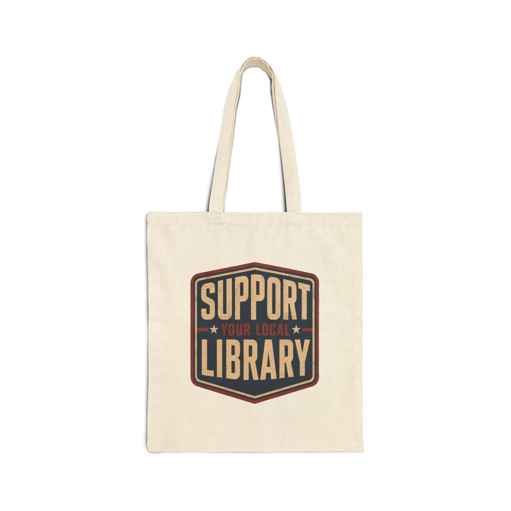 Support Your Local Library on a beige tote with a white background.