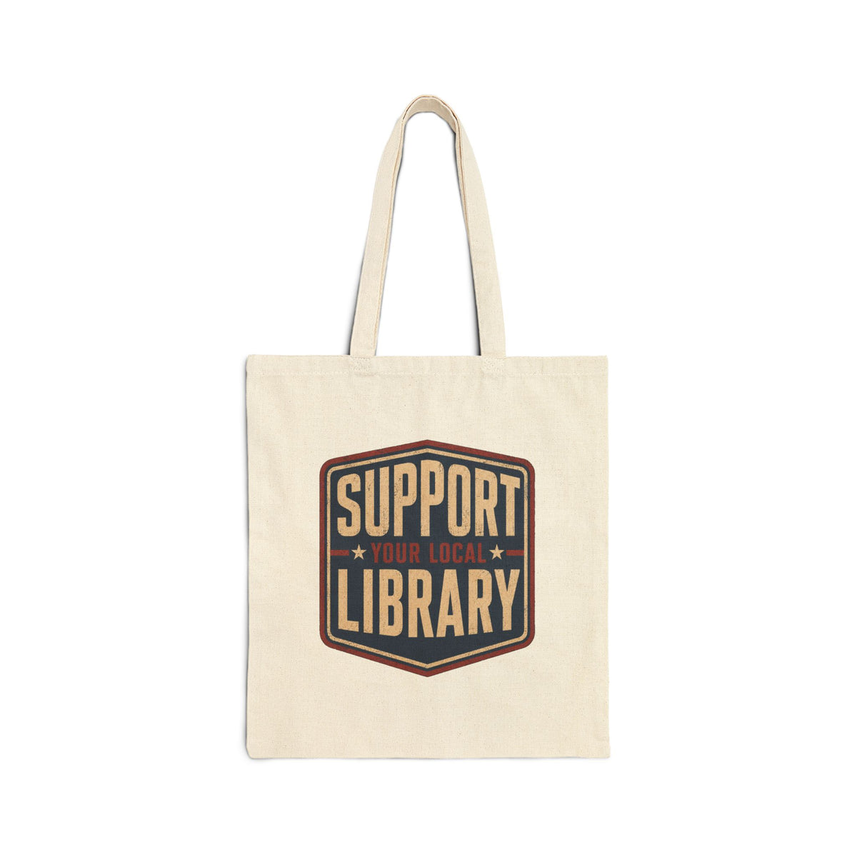 Support Your Local Library on a beige tote with a white background.