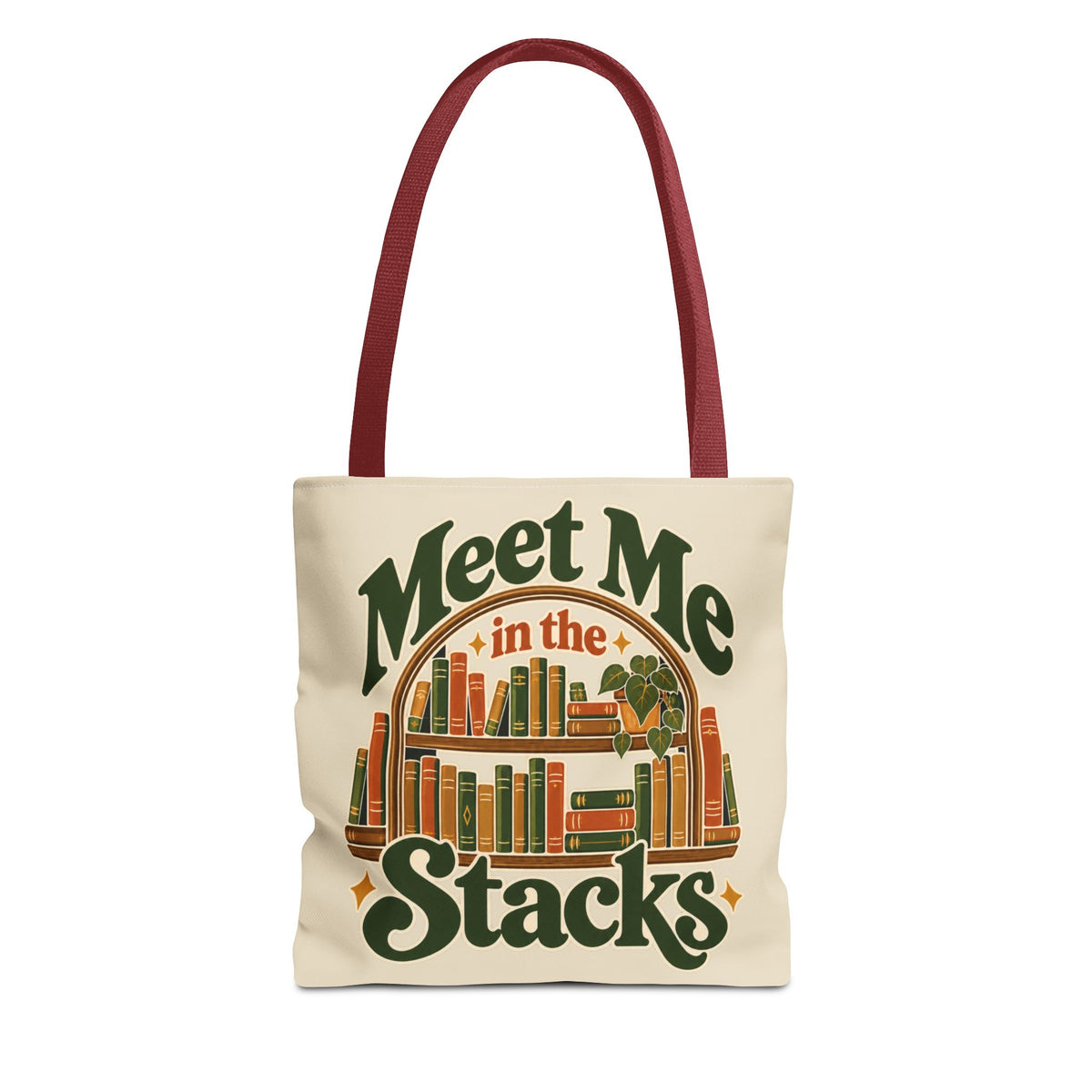 Meet Me in the Stacks tote bag resting against vintage books on library table.