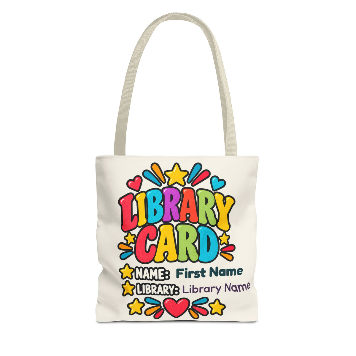 Flat lay of personalized library tote bag with chapter books and reader accessories.