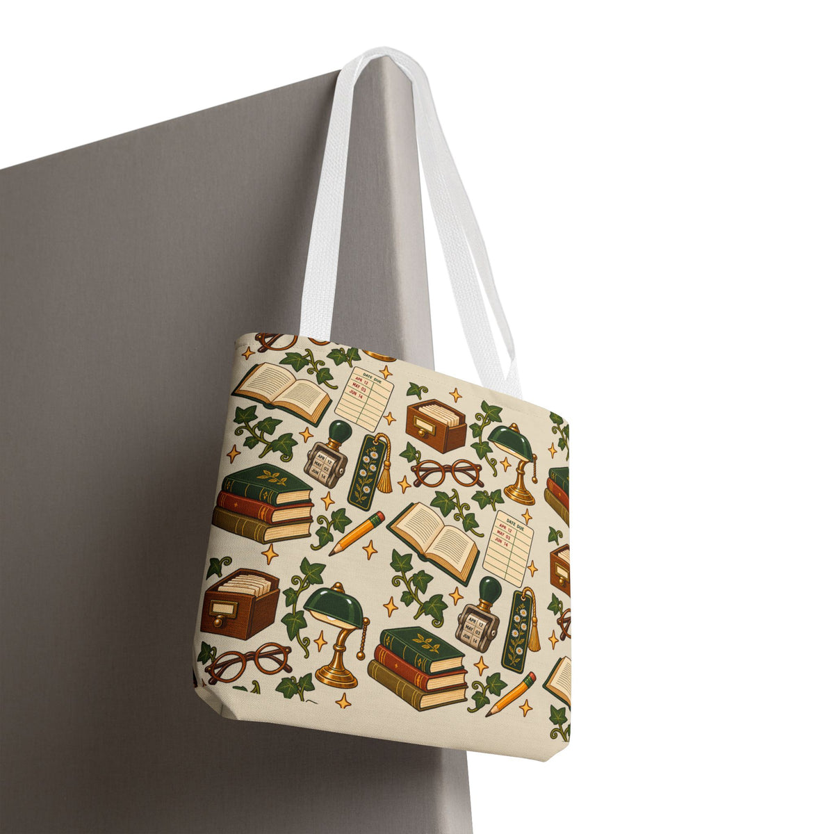 Dimensions and size chart for 13x13, 16x16, and 18x18 retro library pattern totes.