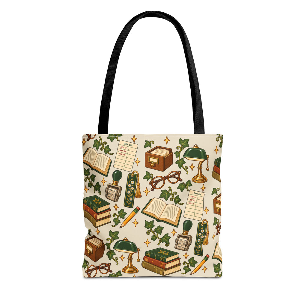 Vintage Library Essentials tote bag featuring scattered retro card catalog, date stamp, and book pattern.