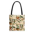 Vintage Library Essentials tote bag featuring scattered retro card catalog, date stamp, and book pattern.
