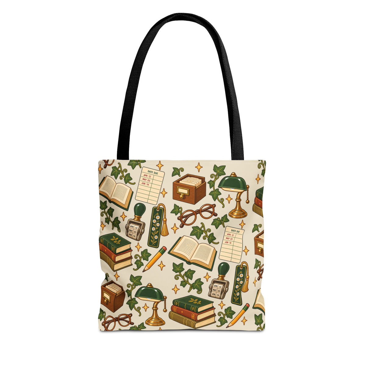 Vintage Library Essentials tote bag featuring scattered retro card catalog, date stamp, and book pattern.
