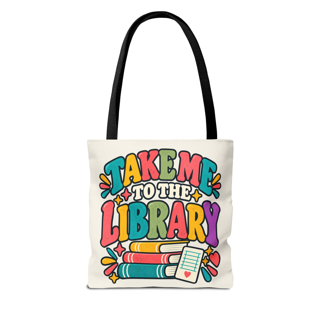Personalized Take Me to the Library canvas tote bag with retro book and star graphic on front.
