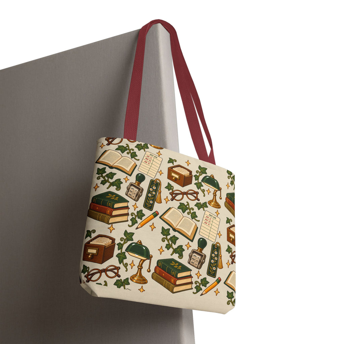Close-up of durable polyester canvas texture and reinforced cotton handle stitching.