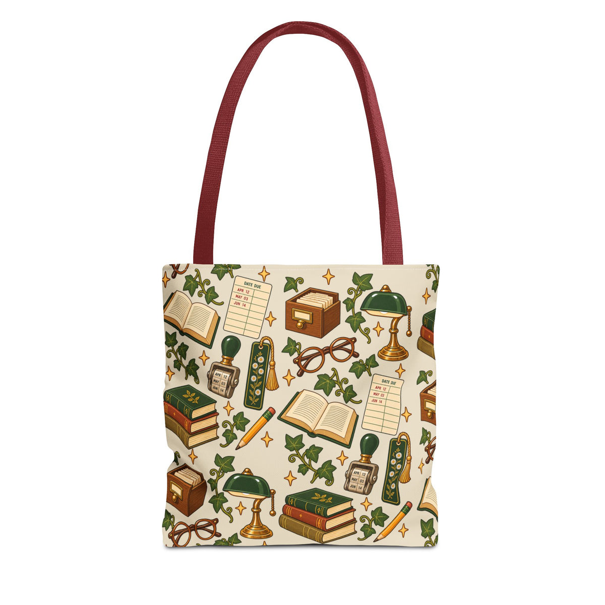 Vintage Library Essentials pattern tote bag styled flat with vintage hardcover novels and bookmarks.