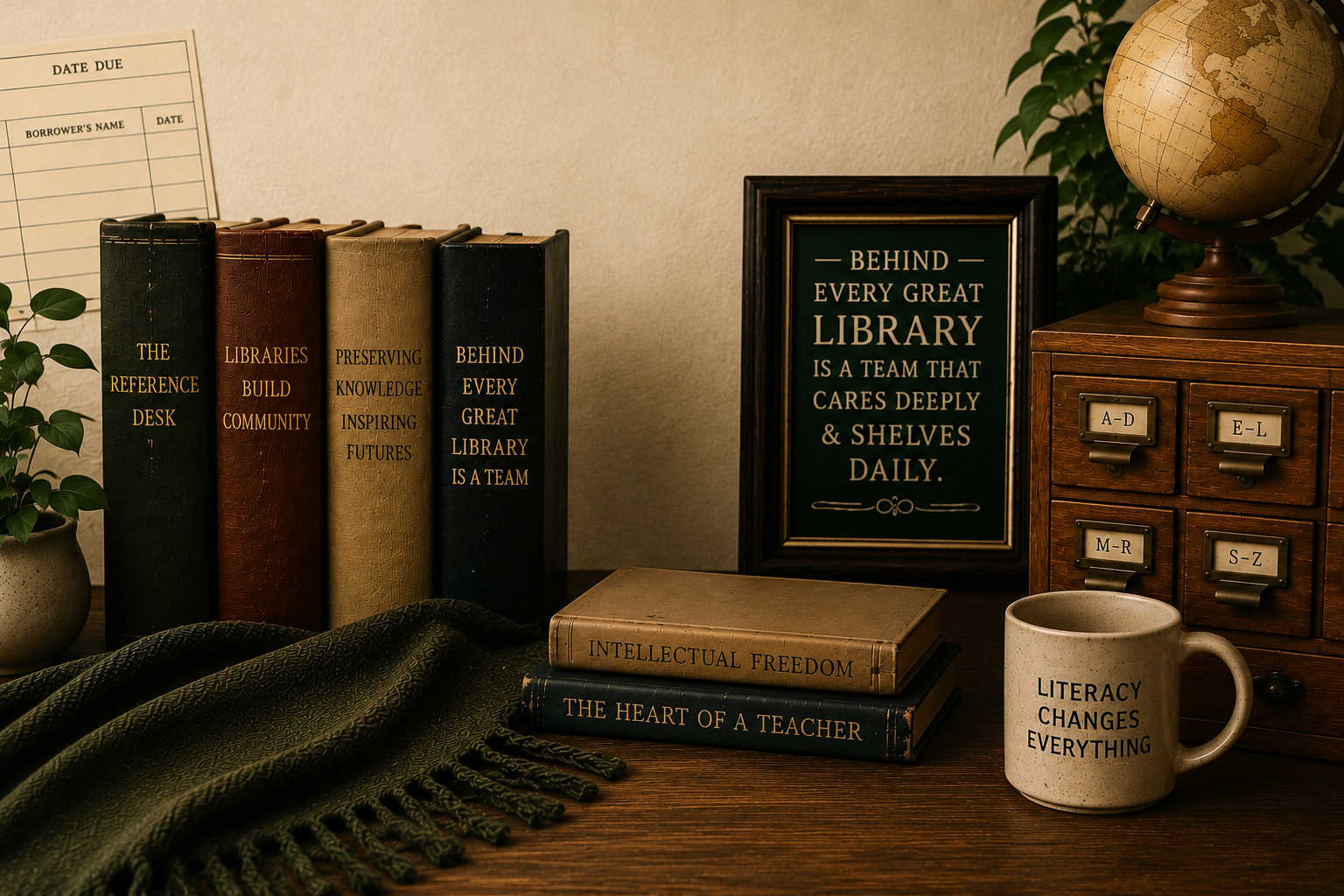A styled library-themed desk scene with vintage books, a framed quote print reading 'BEHIND EVERY GREAT LIBRARY IS A TEAM THAT CARES DEEPLY & SHELVES DAILY.', a globe, plants, a green throw blanket, and a white mug that says 'LITERACY CHANGES EVERYTHING.