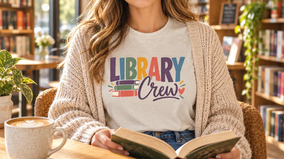 Woman reading in a sunlit indie bookstore cafe, wearing a heather Library Crew T-shirt with a latte beside her.