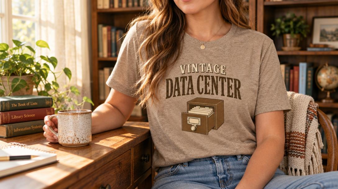Woman seated at a sunlit wooden desk beside a mug and stacked books, wearing a heather Vintage Data Center Librarian T-shirt.