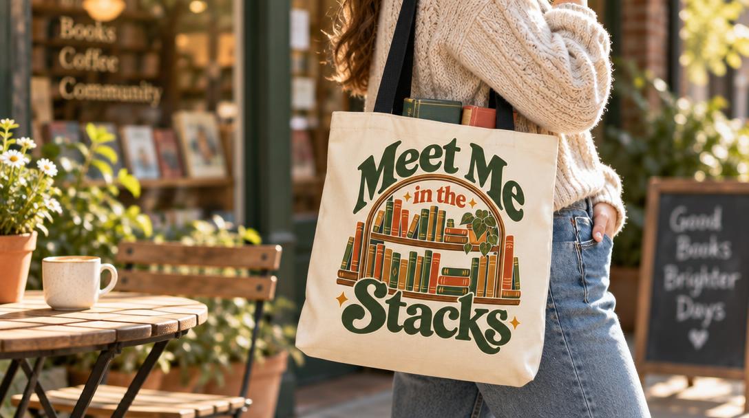 Woman carrying a cream Meet Me in the Stacks canvas tote bag outside an indie bookshop on a weekend book haul.
